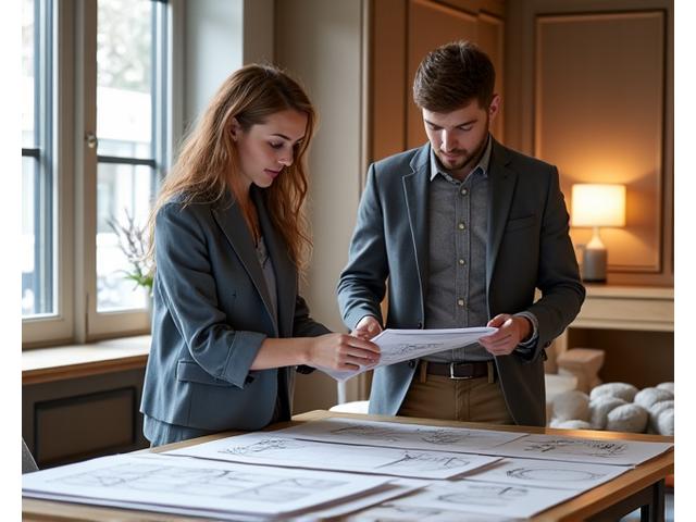 비스포크 가구 디자인 상담 중인 전문가와 고객