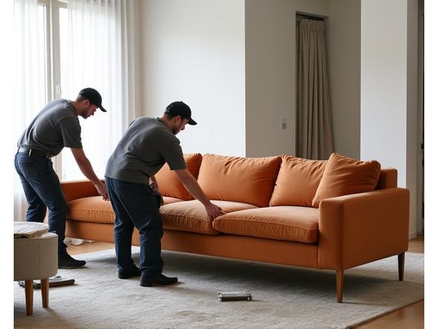 가구 설치 전문가들이 고급 소파를 조립하는 모습